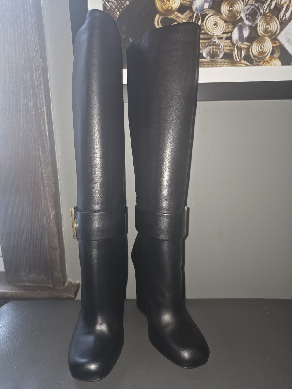 Rare Size 4 1/2 Gucci Black Patent Heel with Gold Logo Detail